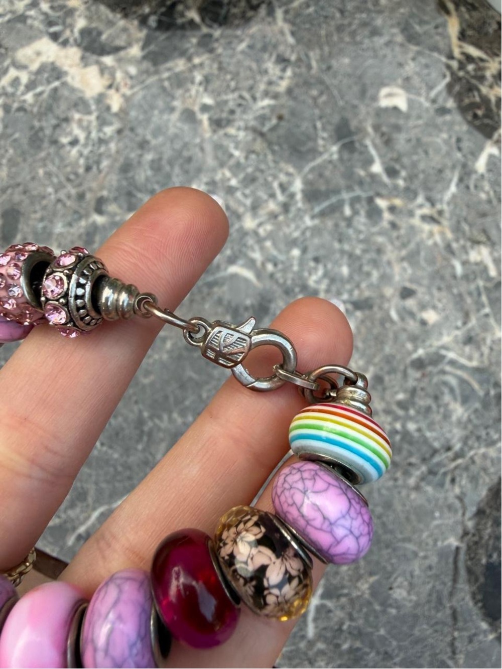 Pink & purple beaded statement bracelet with multicolored colorful charm # - Picture 4 of 4